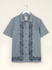 FatFace Blue Short Sleeve Embroidered Floral 100% Cotton Shirt - Image 5 of 6