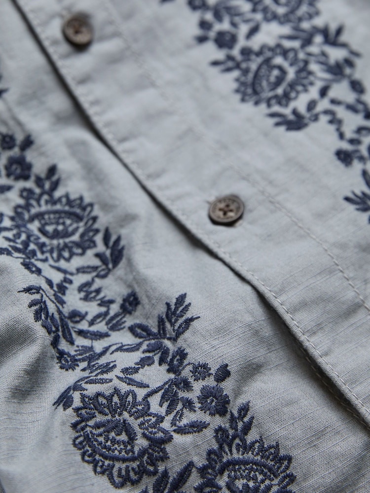 FatFace Blue Short Sleeve Embroidered Floral 100% Cotton Shirt - Image 6 of 6