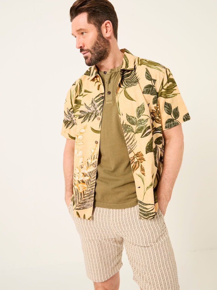 FatFace Yellow Short Sleeve Relaxed Fit Leaf Print Shirt - Image 1 of 6