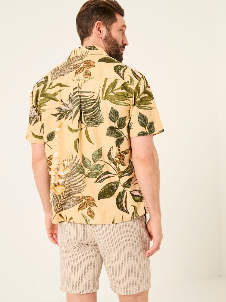 FatFace Yellow Short Sleeve Relaxed Fit Leaf Print Shirt - Image 2 of 6