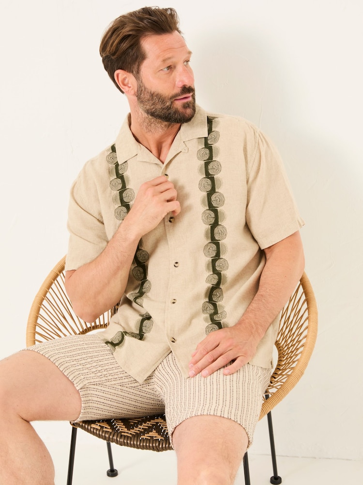 FatFace Natural Short Sleeve Embroidered Floral 100% Cotton Shirt - Image 3 of 9