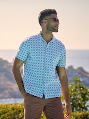 FatFace Blue Short Sleeve Embroidered Geo 100% Cotton Shirt - Image 1 of 9