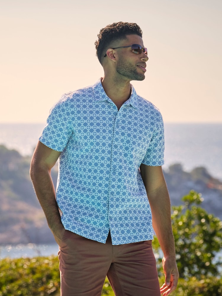 FatFace Blue Short Sleeve Embroidered Geo 100% Cotton Shirt - Image 1 of 9