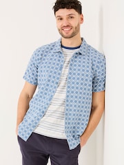 FatFace Blue Short Sleeve Embroidered Geo 100% Cotton Shirt - Image 2 of 9