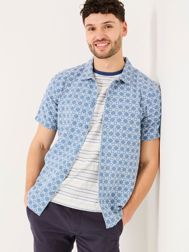 FatFace Blue Short Sleeve Embroidered Geo 100% Cotton Shirt - Image 2 of 9