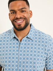 FatFace Blue Short Sleeve Embroidered Geo 100% Cotton Shirt - Image 7 of 9