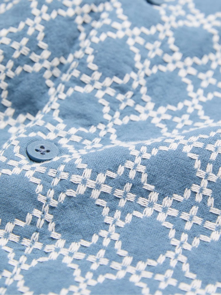 FatFace Blue Short Sleeve Embroidered Geo 100% Cotton Shirt - Image 9 of 9
