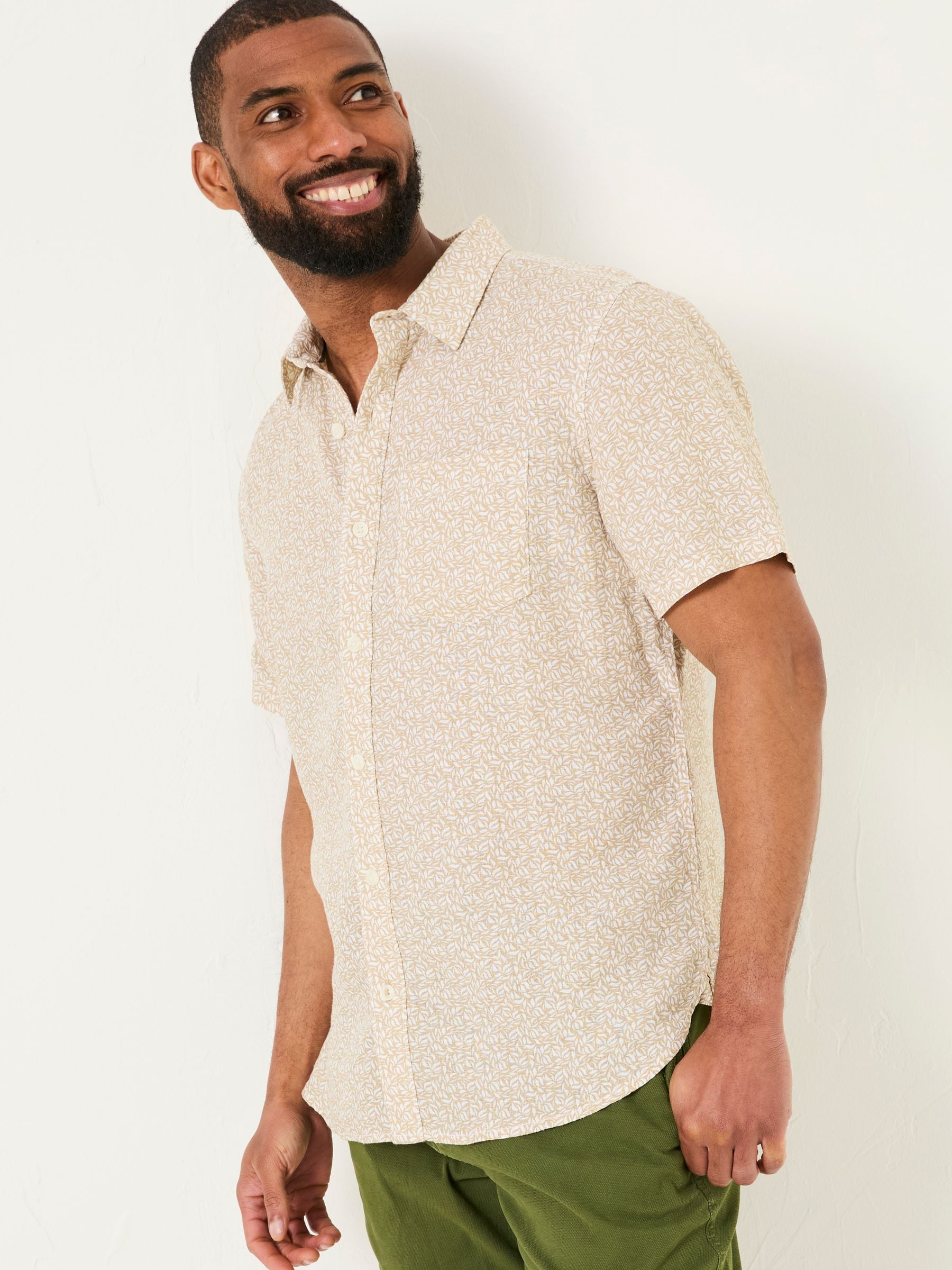 Fat Face Men's Natural Fatface Short Sleeve Linen Leaf Print 100% Linen Shirt