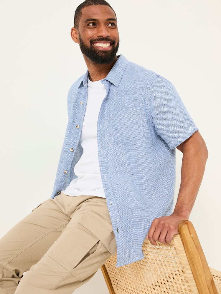 FatFace Blue Short Sleeve Micro Linen Check 100% Linen Shirt - Image 1 of 5 FatFace Blue Short Sleeve Micro Linen Check 100% Linen Shirt - Image 1 of 5