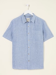 FatFace Blue Short Sleeve Micro Linen Check 100% Linen Shirt - Image 5 of 5