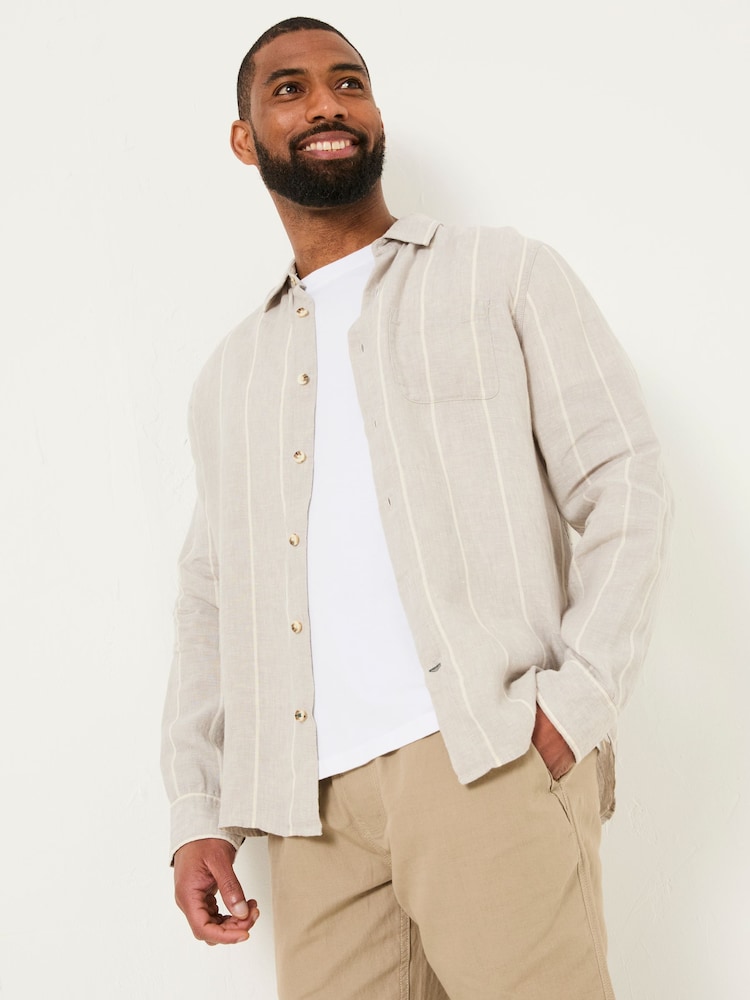 FatFace Grey Long Sleeve Linen Stripe 100% Linen Shirt - Image 1 of 5