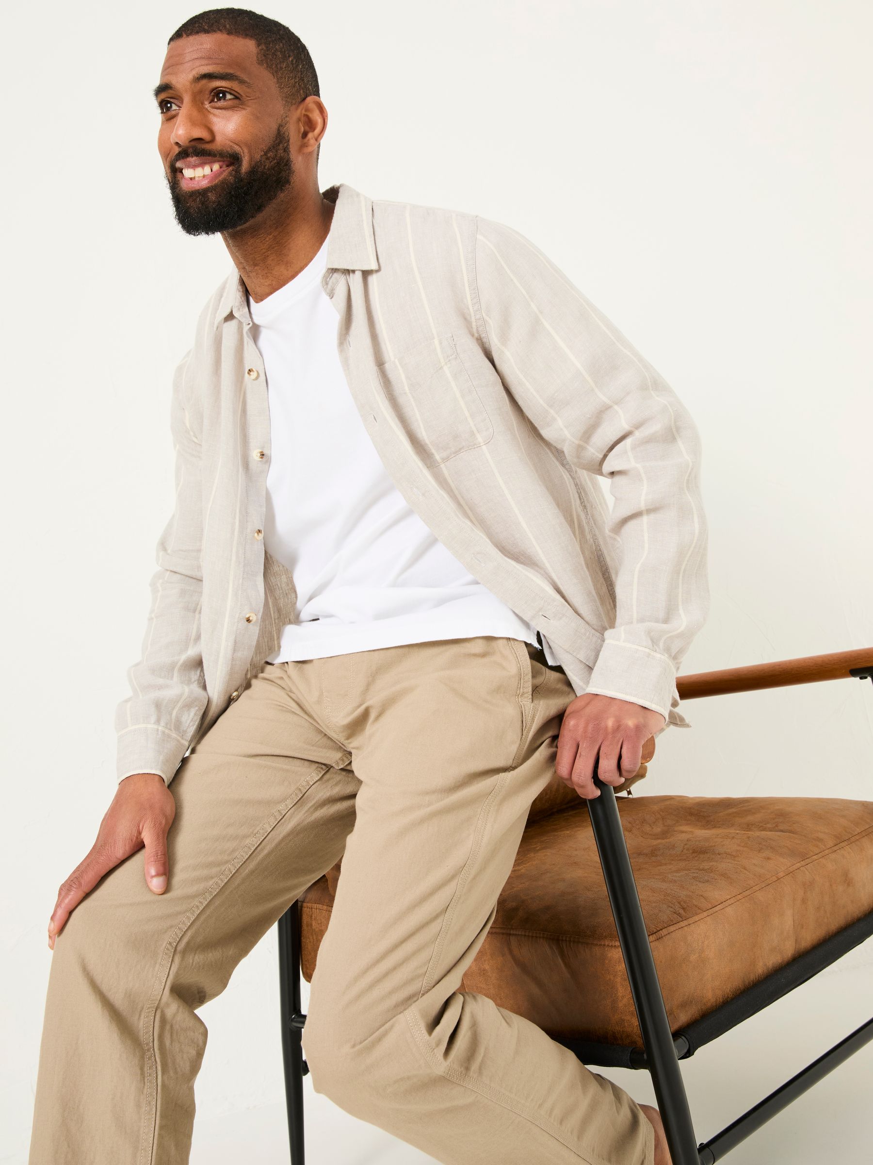 Buy FatFace Grey Long Sleeve Linen Stripe 100% Linen Shirt from