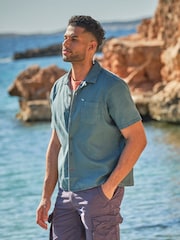 FatFace Bugle Dark Teal Blue Short Sleeve Linen Cotton Shirt - Image 1 of 9