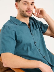FatFace Bugle Dark Teal Blue Short Sleeve Linen Cotton Shirt - Image 4 of 9