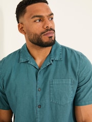 FatFace Bugle Dark Teal Blue Short Sleeve Linen Cotton Shirt - Image 6 of 9