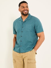 FatFace Bugle Dark Teal Blue Short Sleeve Linen Cotton Shirt - Image 7 of 9