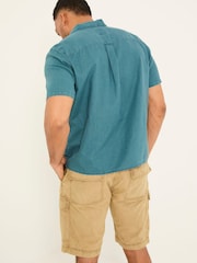 FatFace Bugle Dark Teal Blue Short Sleeve Linen Cotton Shirt - Image 8 of 9