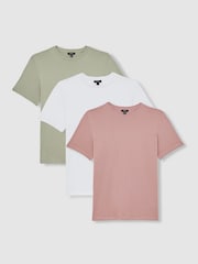 Reiss White/Dusty Rose/Pistachio Praise Cotton Crew-Neck T-Shirts 3 Pack - Image 1 of 8