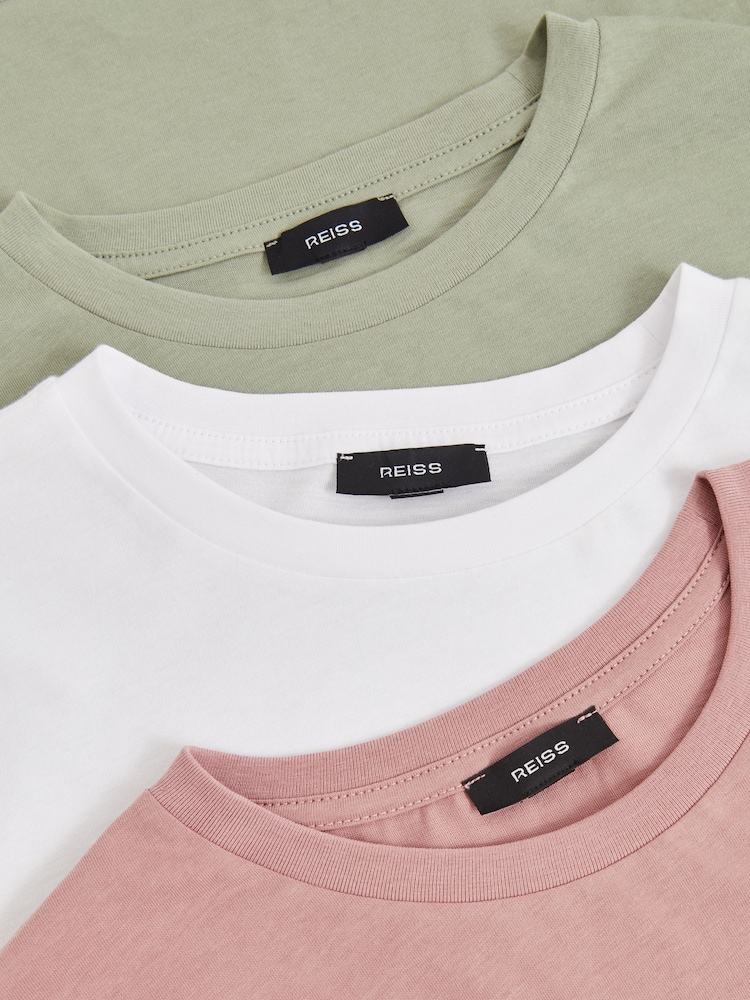 Reiss White/Dusty Rose/Pistachio Praise Cotton Crew-Neck T-Shirts 3 Pack - Image 8 of 8