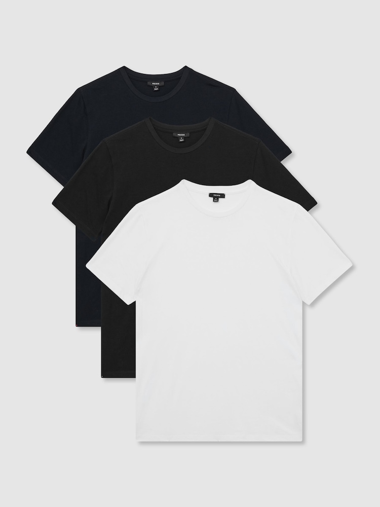Reiss White/Black/Navy Praise Cotton Crew-Neck T-Shirts 3 Pack - Image 1 of 7 Reiss White/Black/Navy Praise Cotton Crew-Neck T-Shirts 3 Pack - Image 1 of 7
