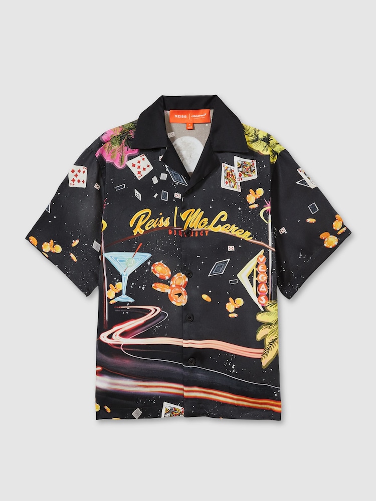 Reiss x McLaren F1 Team Black Multi McLaren F1 Las Vegas Exclusive Cuban-Collar Shirt - Image 2 of 6 Reiss x McLaren F1 Team Black Multi McLaren F1 Las Vegas Exclusive Cuban-Collar Shirt - Image 2 of 6