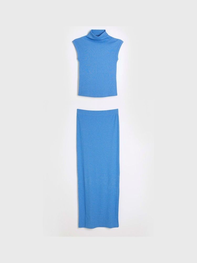 River Island Blue 2 Piece Set Ribbed Roll Neck and Midi Skirt - Image 4 of 5