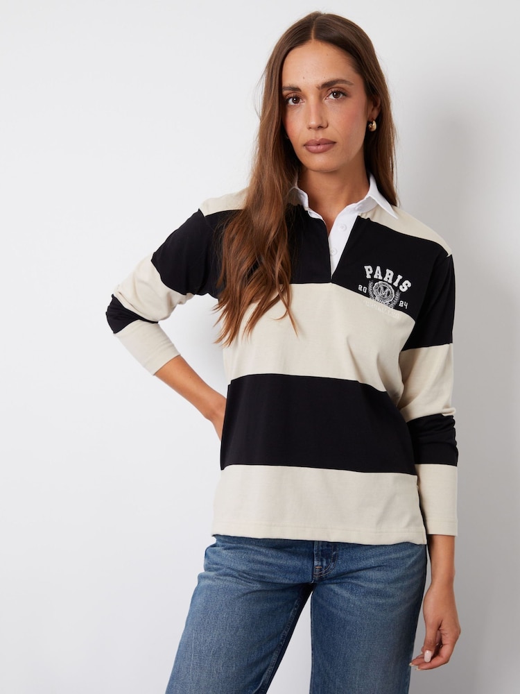 Threadbare Black Stripe Paris Embroidery Rugby 100% Cotton Shirt - Image 1 of 5