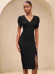Lipsy Black Tulip Sleeve Ruched Midi Bodycon Dress - Image 1 of 4