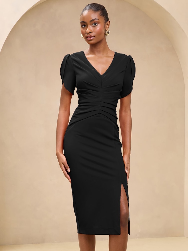 Lipsy Black Tulip Sleeve Ruched Midi Bodycon Dress - Image 1 of 4