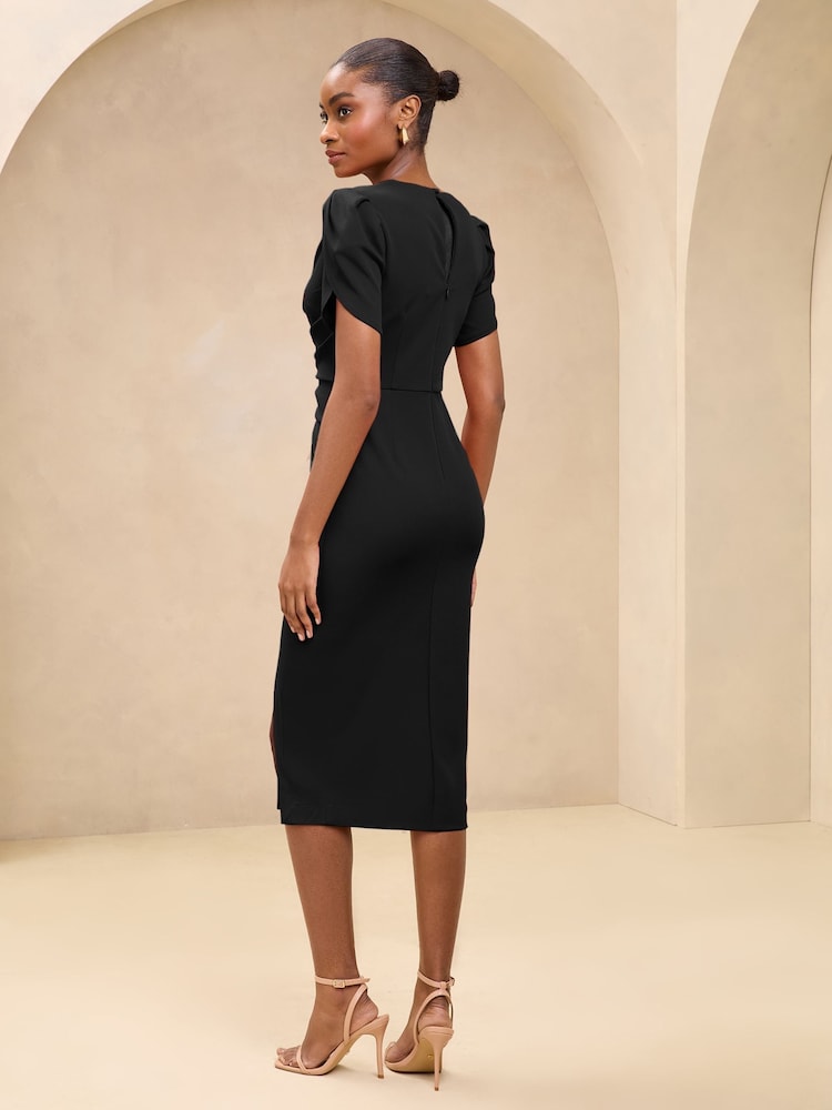 Lipsy Black Tulip Sleeve Ruched Midi Bodycon Dress - Image 4 of 4