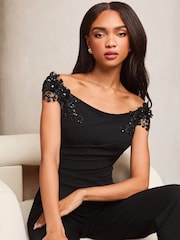 Lipsy Black Petite Embelished 3D Floral Trim Bardot Jumpsuit - Image 2 of 4