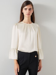 LK Bennett Cream Agnes Birch Satin Top With Frill Cuff - Image 1 of 4