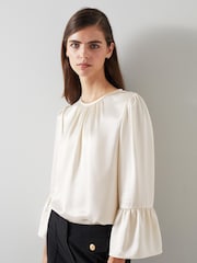 LK Bennett Cream Agnes Birch Satin Top With Frill Cuff - Image 2 of 4