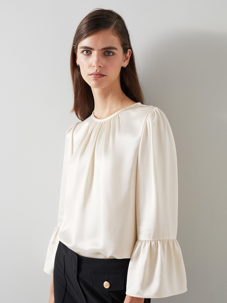 LK Bennett Cream Agnes Birch Satin Top With Frill Cuff - Image 2 of 4