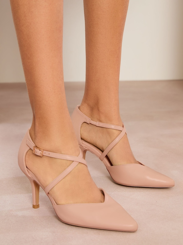 Friends Like These Nude Standard Fit Cross Strap Mid Stiletto Heel Faux Leather Court Shoes - Image 2 of 4
