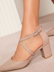 Friends Like These Nude Wide Fit Cross Strap Mid Block Heel Faux Leather Court Shoes - Image 2 of 5