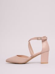 Friends Like These Nude Wide Fit Cross Strap Mid Block Heel Faux Leather Court Shoes - Image 5 of 5