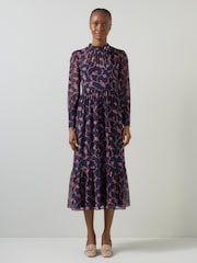 LK Bennett Blue Selina Spring Sketchy Floral Print Georgette Dress - Image 1 of 3