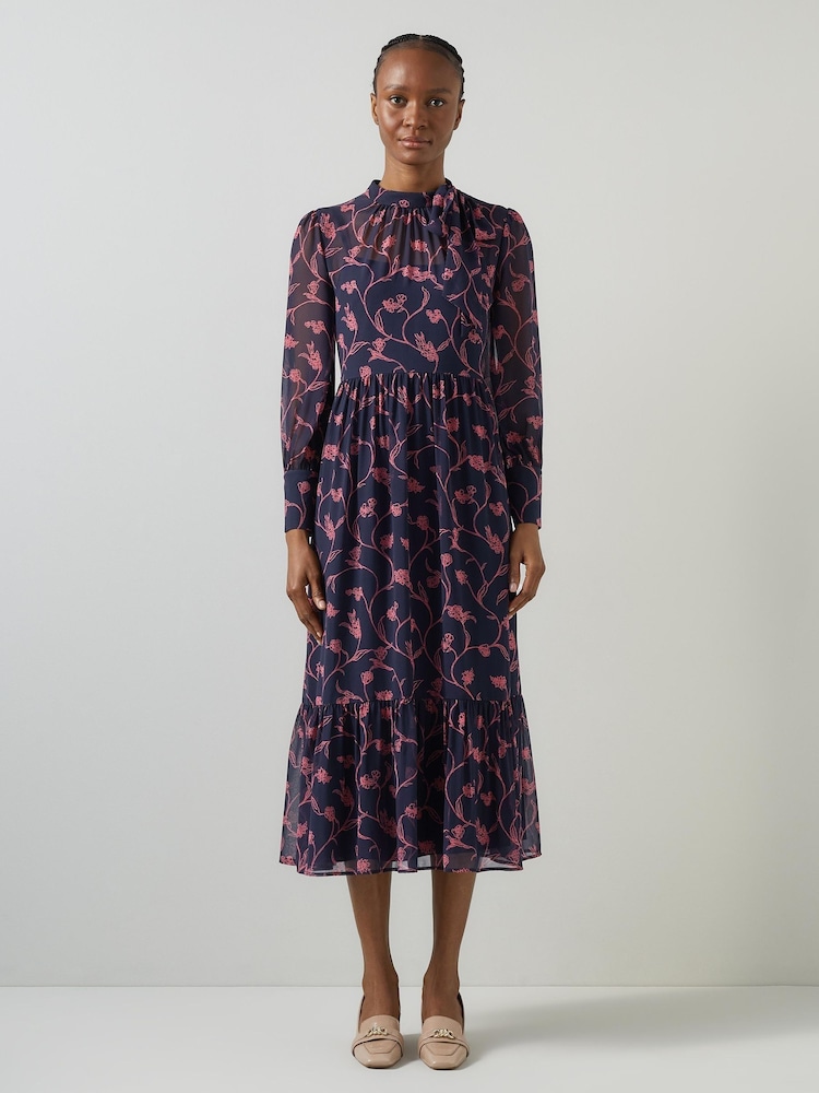 LK Bennett Blue Selina Spring Sketchy Floral Print Georgette Dress - Image 1 of 3 LK Bennett Blue Selina Spring Sketchy Floral Print Georgette Dress - Image 1 of 3