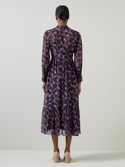 LK Bennett Blue Selina Spring Sketchy Floral Print Georgette Dress - Image 2 of 3