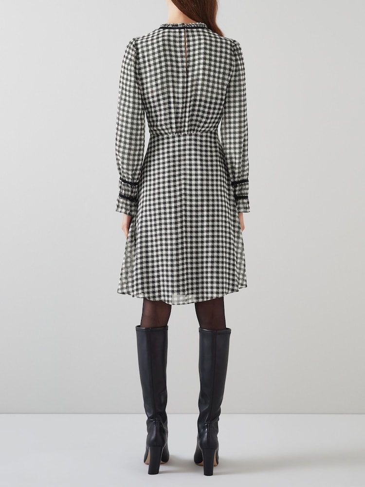 LK Bennett Black Verity Gingham Printed Dress With Velvet Trim - Image 2 of 4 LK Bennett Black Verity Gingham Printed Dress With Velvet Trim - Image 2 of 4
