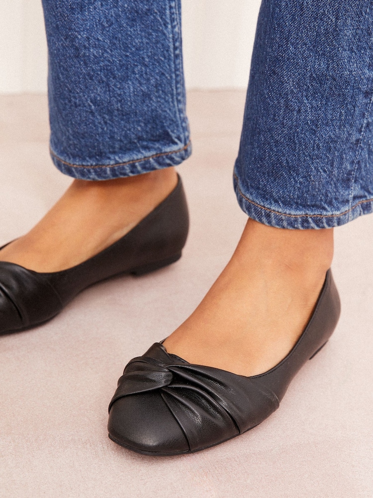 Friends Like These Black PU Standard Fit Twist Detail Round Toe Flat Ballerina Pump Shoes - Image 1 of 5