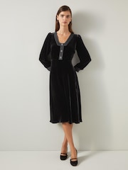 LK Bennett Black Cordelia Velvet Satin Trim Dress - Image 1 of 3