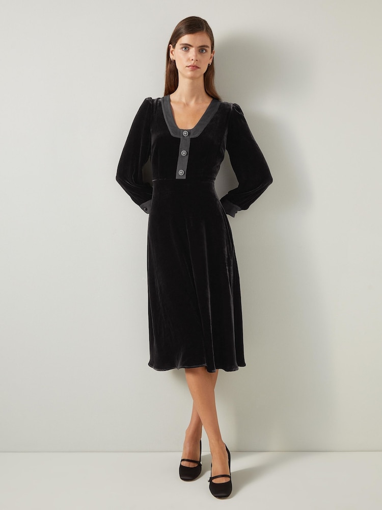 LK Bennett Black Cordelia Velvet Satin Trim Dress - Image 1 of 3