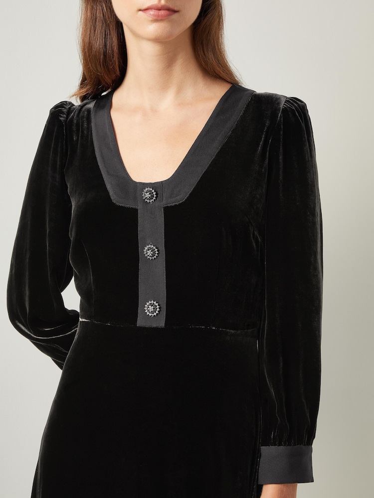 LK Bennett Black Cordelia Velvet Satin Trim Dress - Image 3 of 3