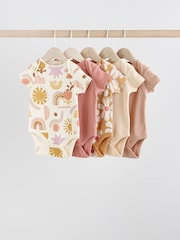 Cream/Brown Baby Short Sleeve 100% Cotton Bodysuits 5 Pack - Image 1 of 12