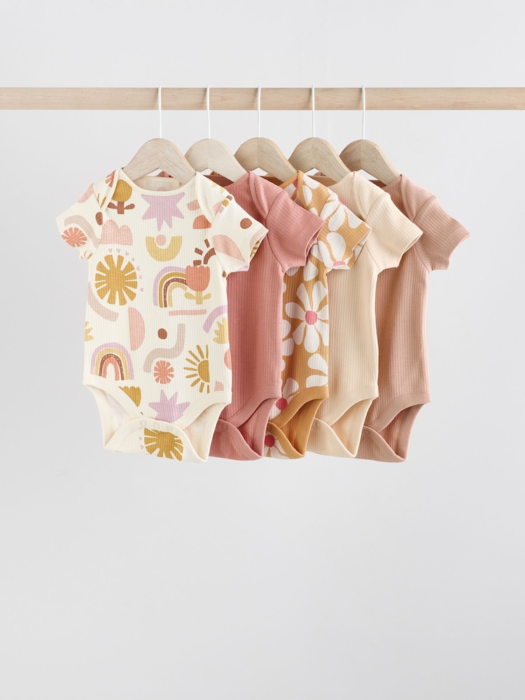 Cream/Brown Baby Short Sleeve 100% Cotton Bodysuits 5 Pack - Image 1 of 12