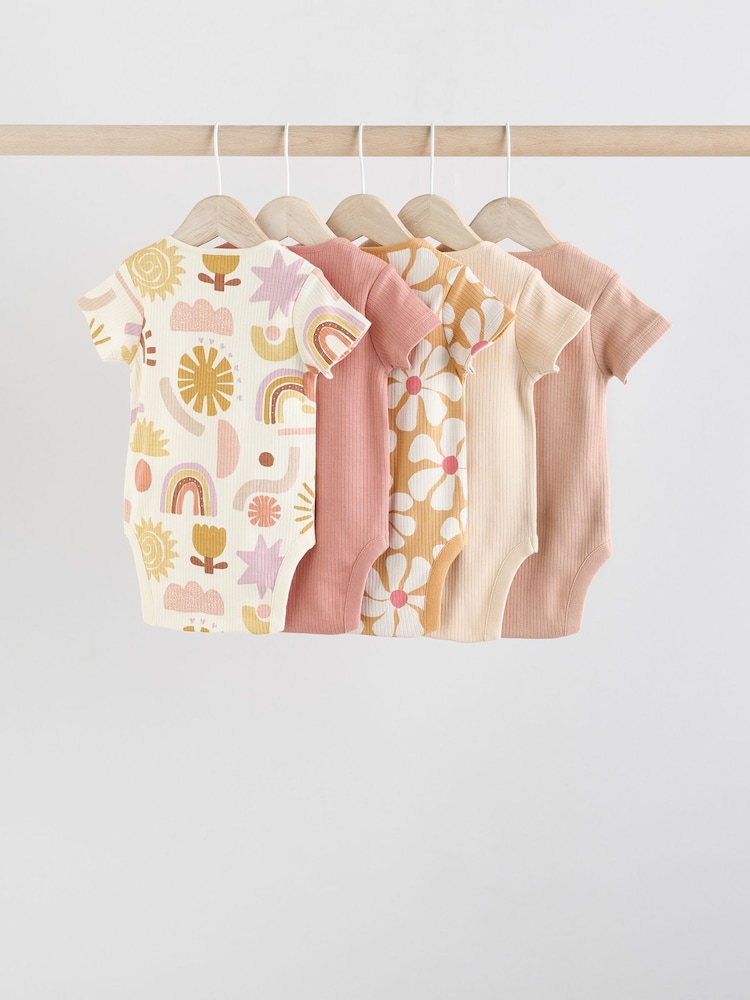 Cream/Brown Baby Short Sleeve 100% Cotton Bodysuits 5 Pack - Image 2 of 12