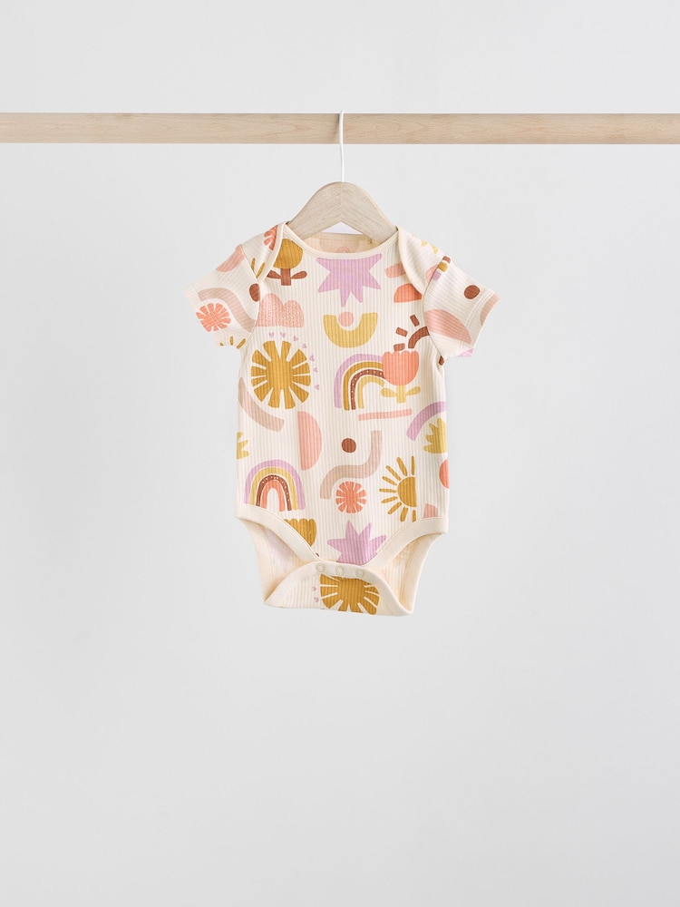 Cream/Brown Baby Short Sleeve 100% Cotton Bodysuits 5 Pack - Image 3 of 12