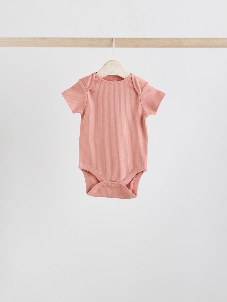 Cream/Brown Baby Short Sleeve 100% Cotton Bodysuits 5 Pack - Image 4 of 12